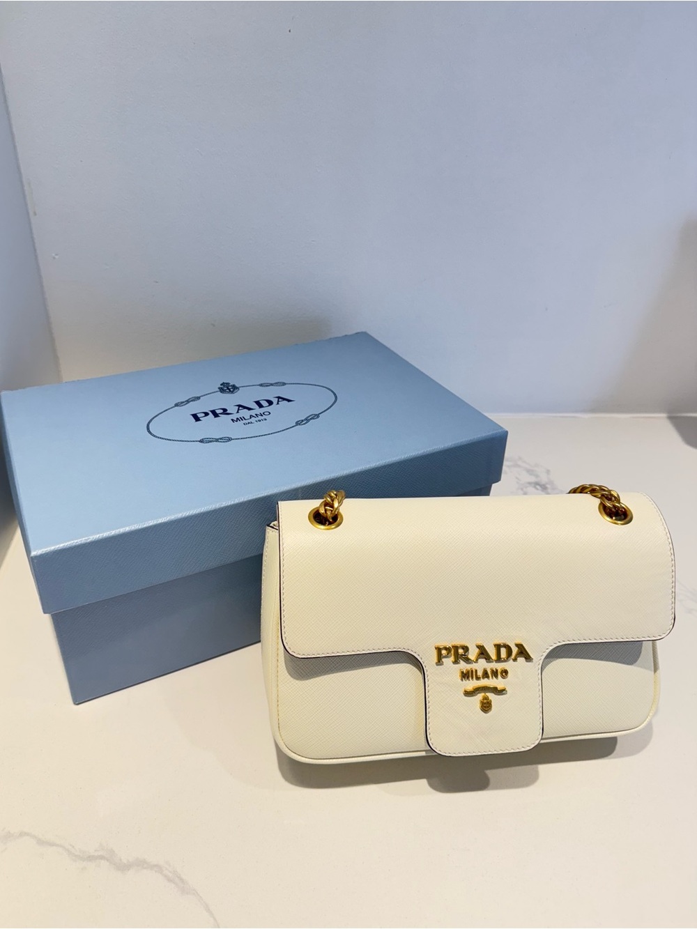 Prada White Leather Shoulder/Crossbody Bag with Gold Hardware